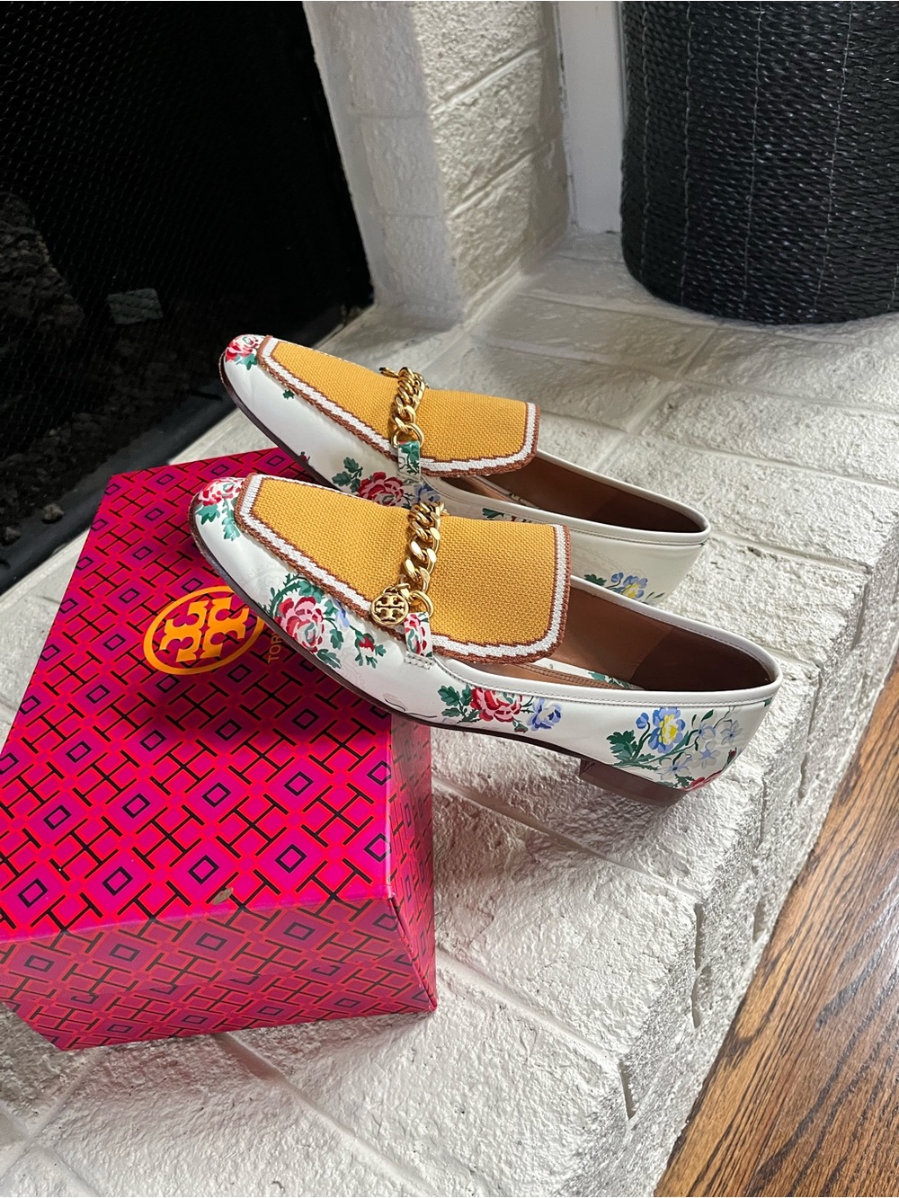Tory Burch Mustard Woven Chain Loafers with Floral Trim - Picture 2 of 6